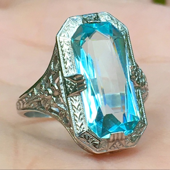 Intricate Art Deco Sterling Silver Blue Topaz Ring - Picture 2 of 15